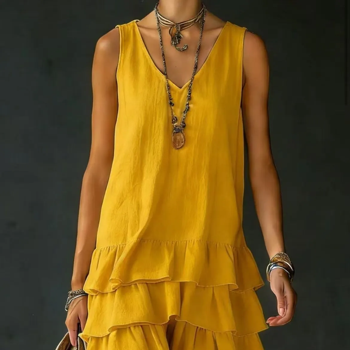 Women&rsquo;s Sleeveless V-Neck Loose Tiered Ruffle Hem Solid Casual Mini Dress