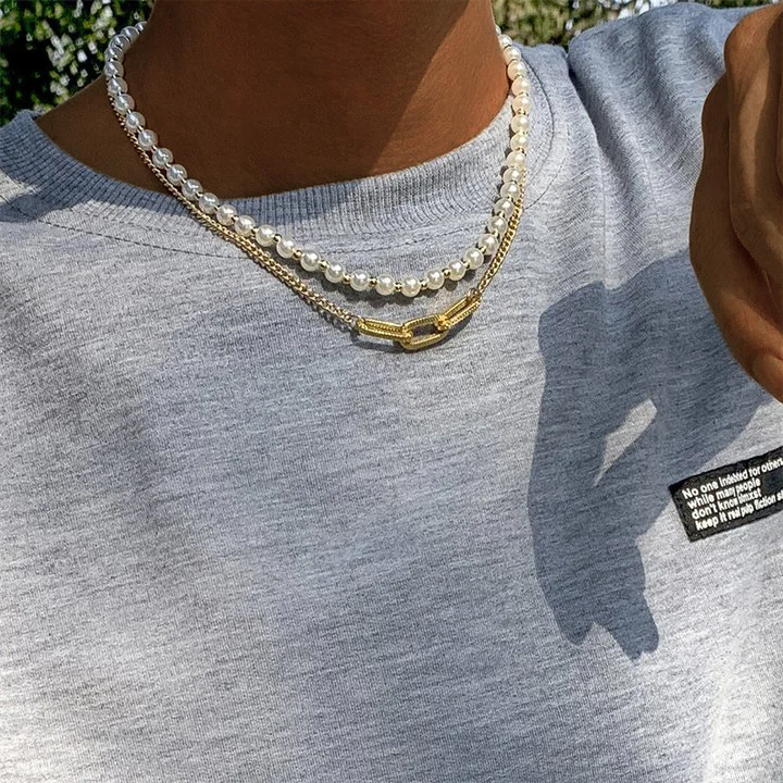 8MM Pearl Cuban Link Geometric Double Chain Necklace