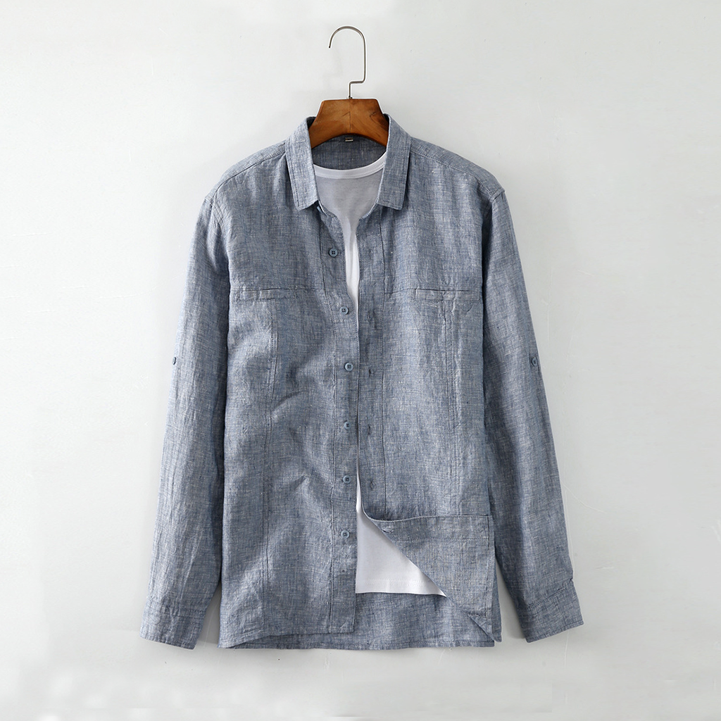 100% European Linen Men's Flip Collar Patch Bag Shirt REAL SILK LIFE