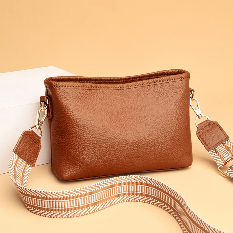 Wide Shoulder Strap Crossbody Small Square Bag Soft Leather