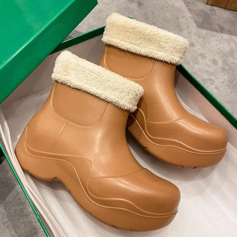 Winter Keep Warm Plush Lining Design Women Ankle Boots Rainboots Slip-on Ladies Rain Shoes Outdoor Waterproof Platform Shoes