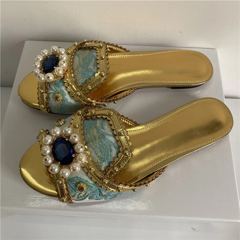 VCSHOES Exotic Style Embroidery Satin Flat Heel Mules Lady Open Toe Rivet Decor Diamond Beaded Buckle Women Slippers