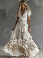 Women's Vintage Boho Floral Art  Short-sleeved Maxi Dress