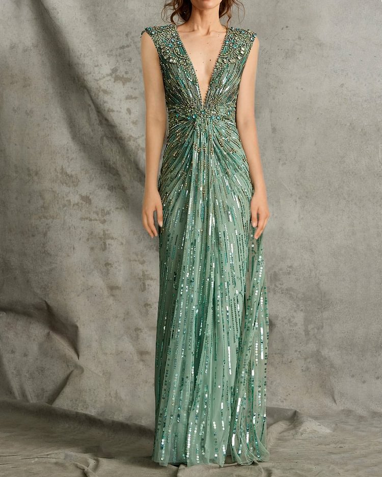 Deep V Beading Sleeveless Dress