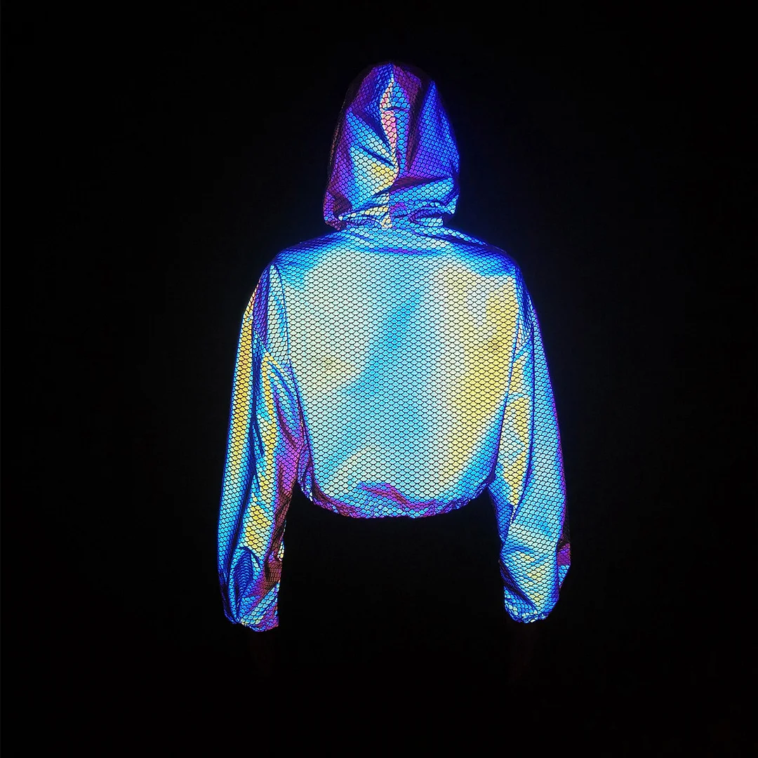 Woherb New Fish Scales Dazzle Color Reflective High-Waisted Short Jacket Female Feel Crop Coat Loose Jacket Tide-Outfit Ideas