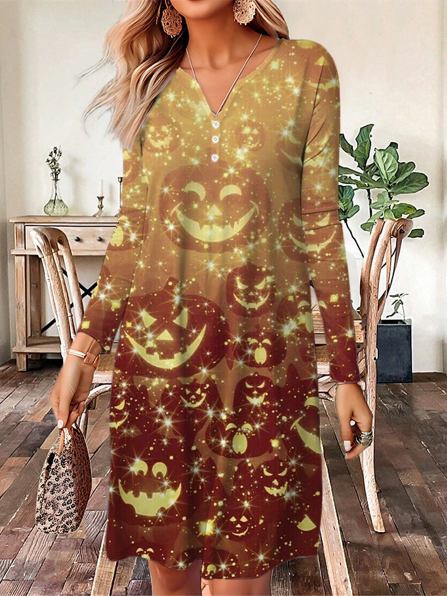 Women's Long Sleeve V-neck Graphic Halloween Midi Dress