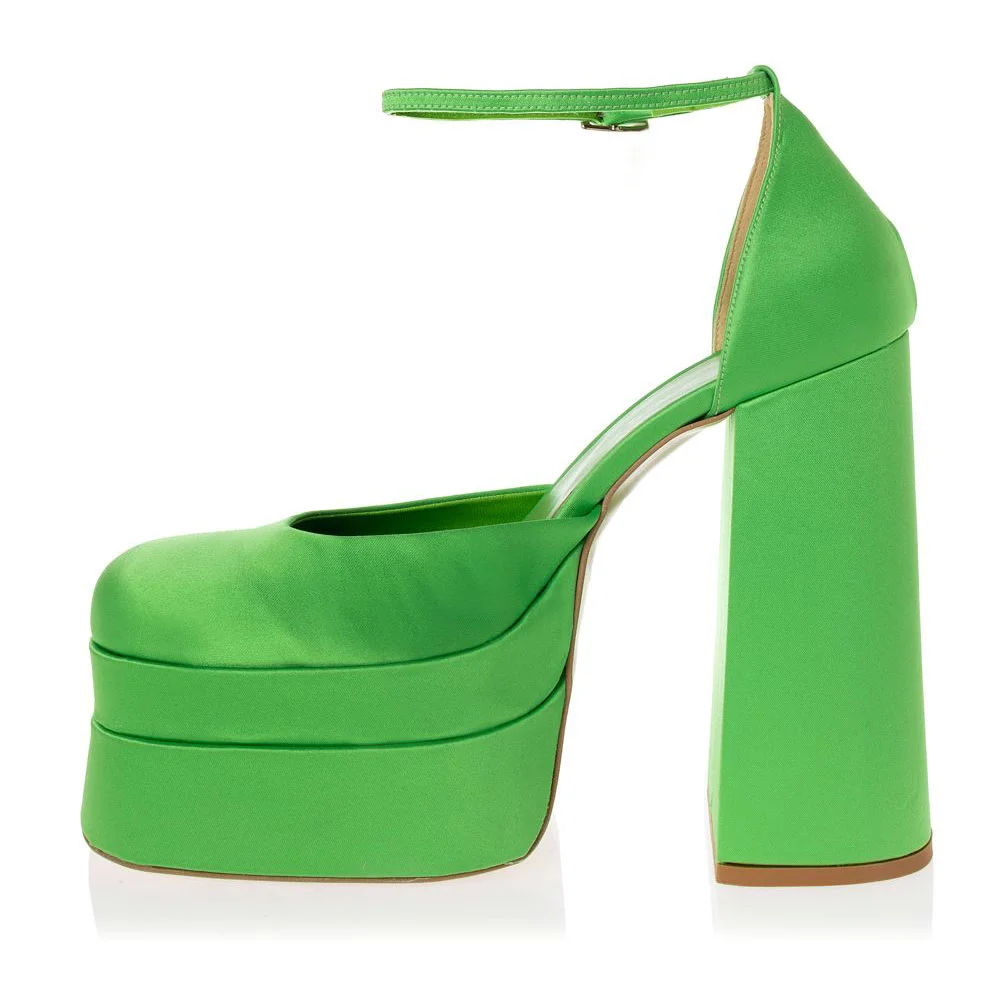 Classic Green Satin Ankle Strap Square Toe Women's Platform Heels