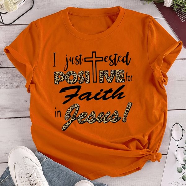 Women Funny Graphic Tee Shirts Fashion Leopard Print Jesus Christian God Faith T-shirt with Saying "I Just Tested Positive for Faith in Jesus" Casual Plus Size - Shop Trendy Women's Fashion | TeeYours