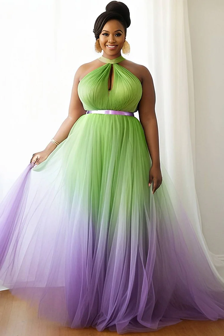 Xpluswear Design Plus Size Wedding Guest Multicolor Gradient Halter Collar Sundress Cut Out Tulle Maxi Dresses [Pre-Order] 2024 - Xpluswear
