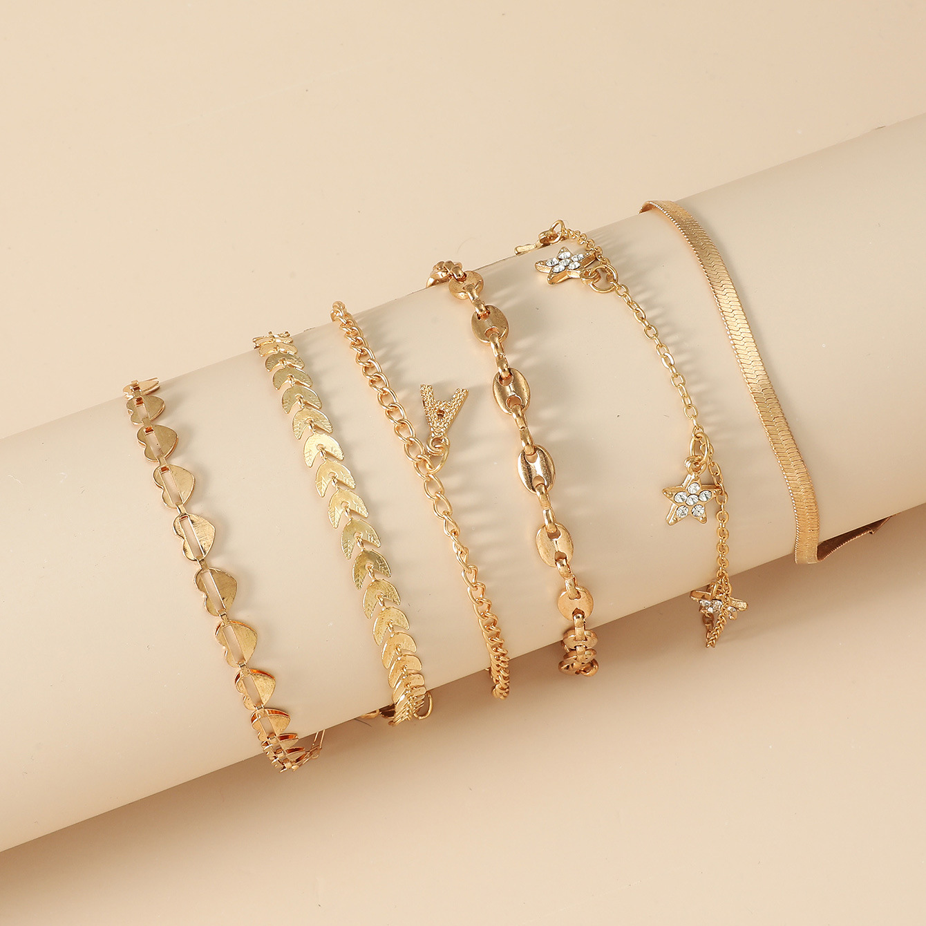 Multi-Element Gold-Plated Bracelet Star, Zirconia, Heart, Leaf Set