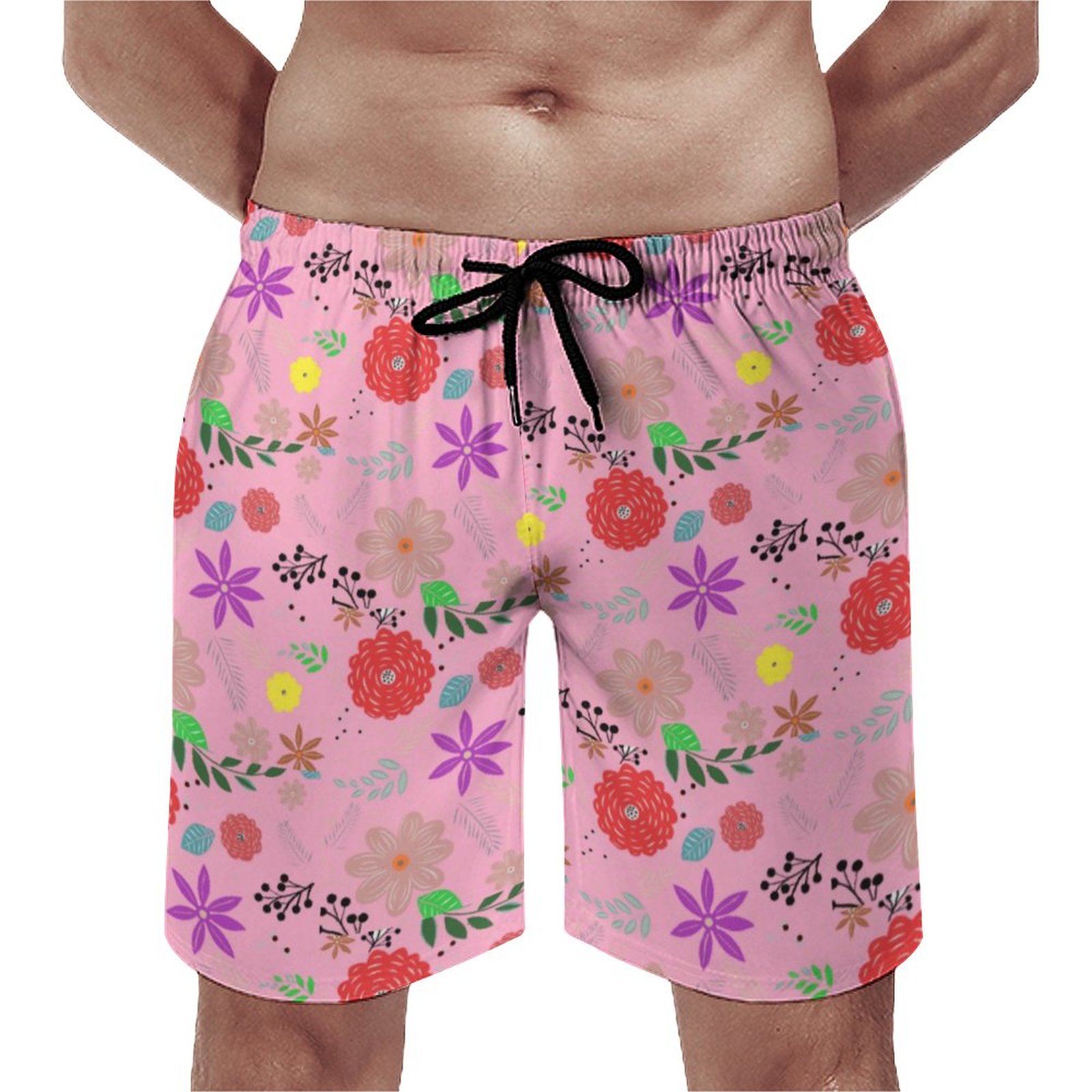 Pink Doodle Art Fun Flowers Floral Elegant Men's Swim Trunks Summer Board Shorts Quick Dry Beach Short with Pockets