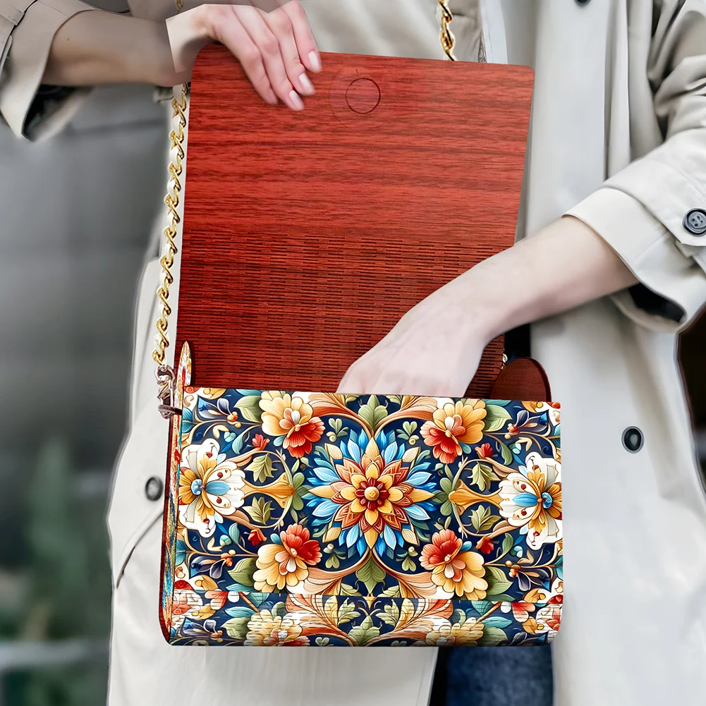 DIY Flowers Diamond Art Wooden Coin Pouch with Chain 5D Diamond Painting Purse