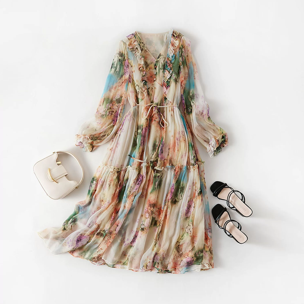 Free-spirited Silk Dress with Ruffled Trim for Garden Party REAL SILK LIFE