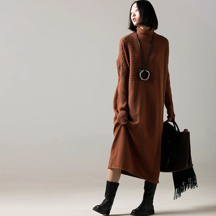 Fashion Sweater dress outfit Classy high neck Cinched brown Mujer knit dress