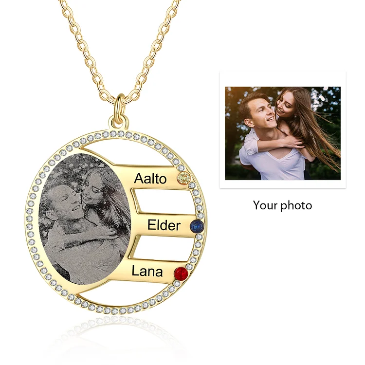 Personalized Photo Necklace Custom 3 Names Birthstone Necklace for Women