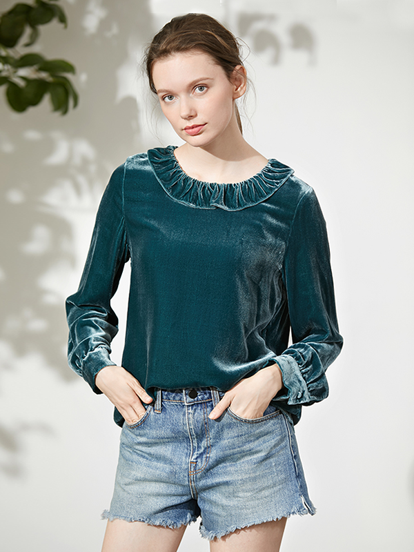 Blouse en velours de soie col rond manches longues Bleu 1