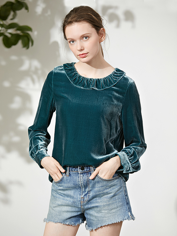 Casual Pullover Pure Color Silk Velvet T-Shirt For Women-Real Silk Life