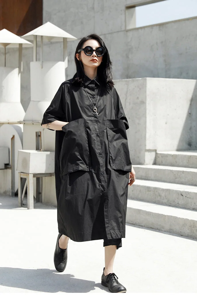 Simple Balck Lapel Big Pocket Short Sleeve Shirt Dress