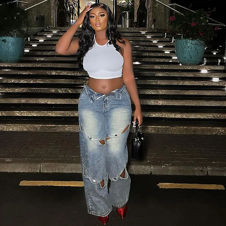 Street Fresh Style! EU/US Casual Washed Button High-Waisted Jeans | Light Blue for Radiance👖