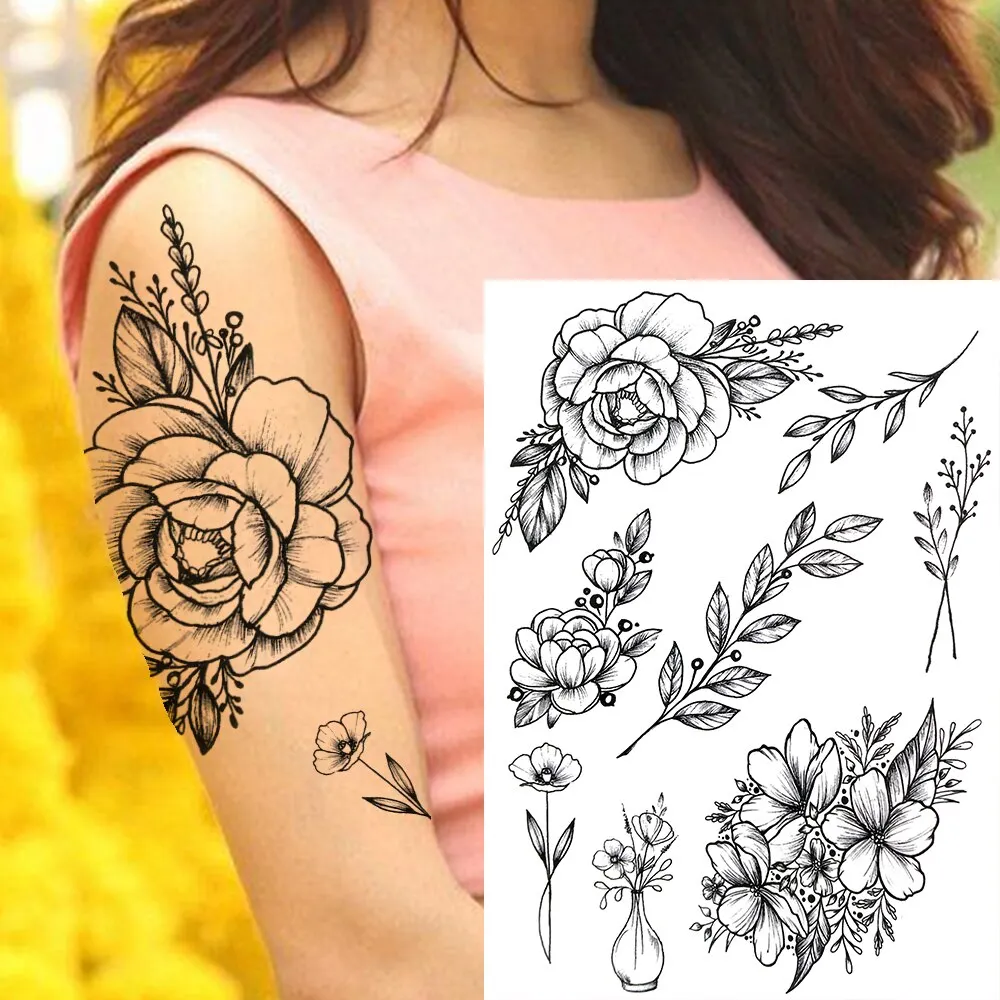 3D Flower Triangle Temporary Tattoos For Women Girl Fake Wolf Deer Geometry Tattoo Sticker Peony Dahlia Body Art Adults Tatoos