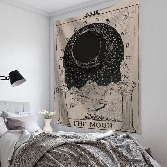 Tarot Sun moon Tapestry Watercolor Wall Hanging The Moon Wall Tapestries Black and White Bohemian Wallpaper The Star Wall Decor