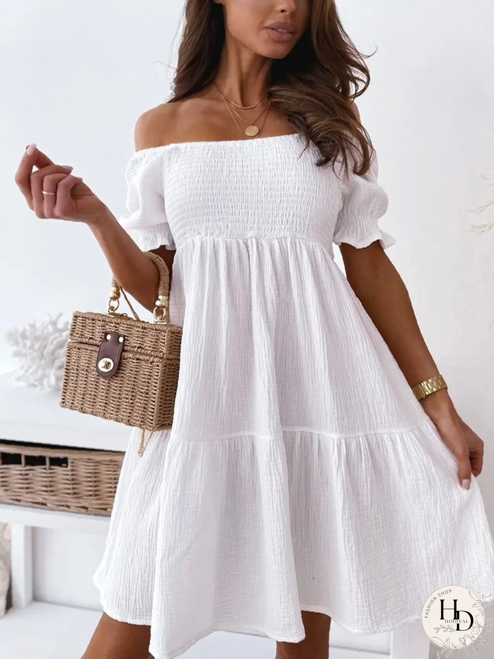 Solid Off-Shoulder Pleated Mini Dress P15230