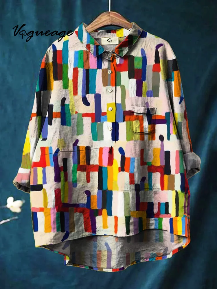 Colorful Fashion Line Splicing Printed Cotton And Linen Shirt