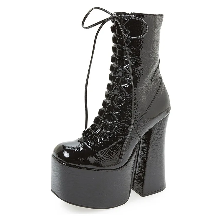 Black Textured Patent Leather Lace Up Chunky Heel Platform Booties |FSJ Shoes