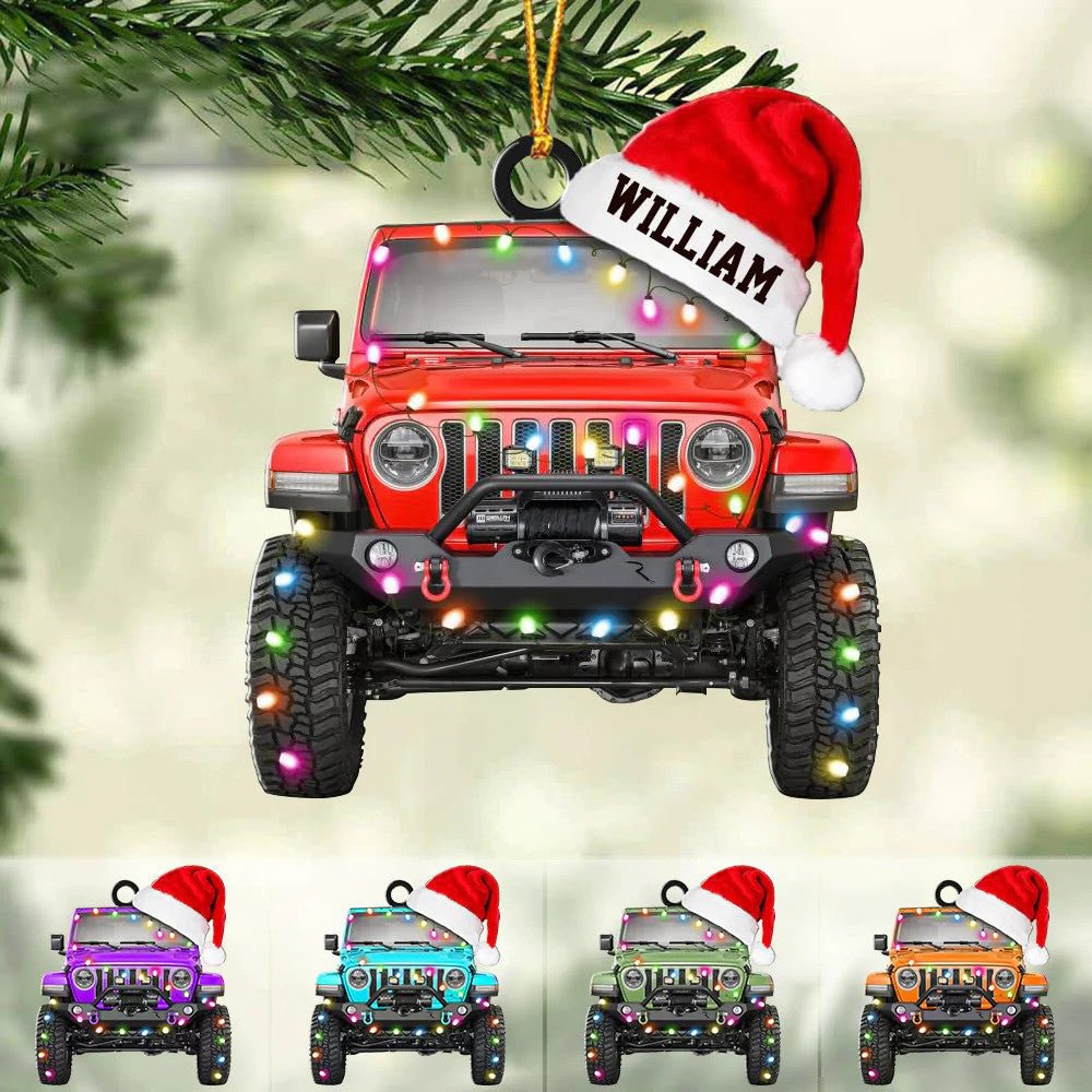 Personalized Jeep Car Christmas Hanging Ornament, Santa Hat Jeep Car Flat Ornament for Jee Lovers, Gift for Him