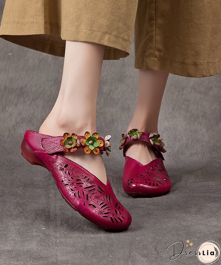 Vintage Purple Hollow Out Floral Cowhide Leather Slide Sandals