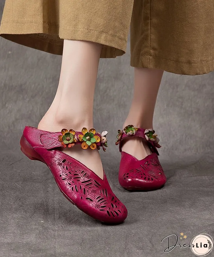 Vintage Purple Hollow Out Floral Cowhide Leather Slide Sandals