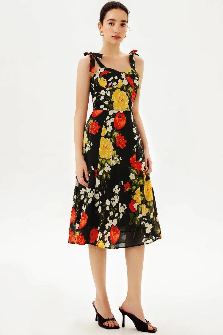 Cami U-neck Print Midi Dress Black