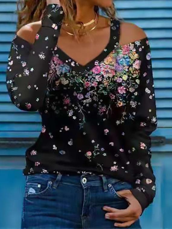 Women Long Sleeve V-neck Graphic Floral Printed Top