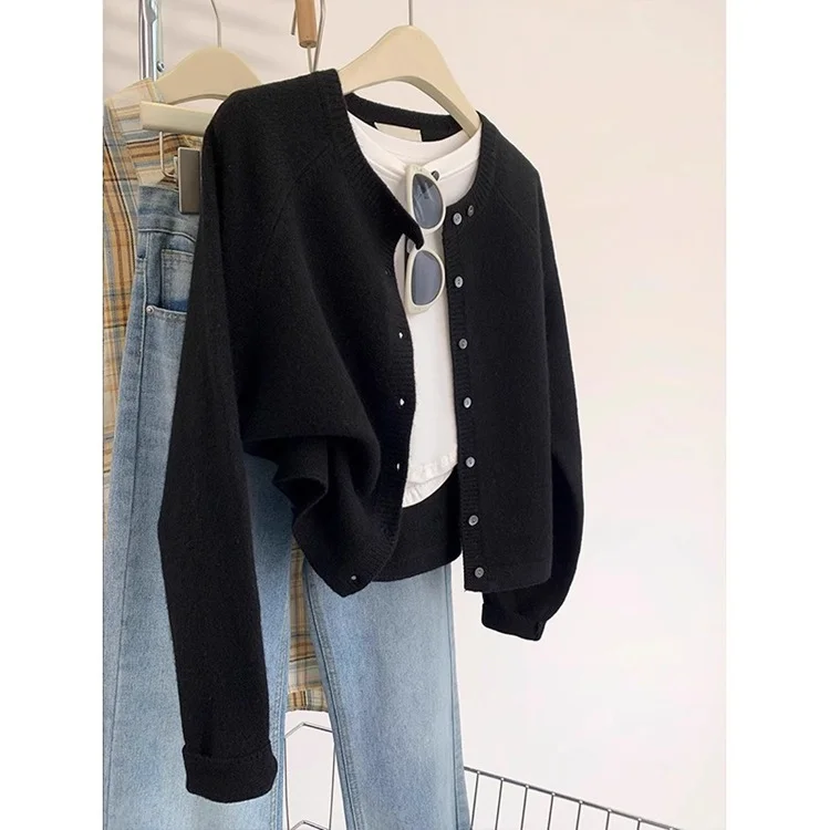 Athvotar Athvotar Glutinous Solid Color Simple Short Design Knitted Cardigan Women 2025 Autumn And Winter Small Man Top Sweater Jacket