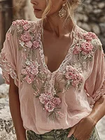 Women's Spring Floral Embroidered Art Print Flowy Linen Blend Short Sleeve Casual Tops