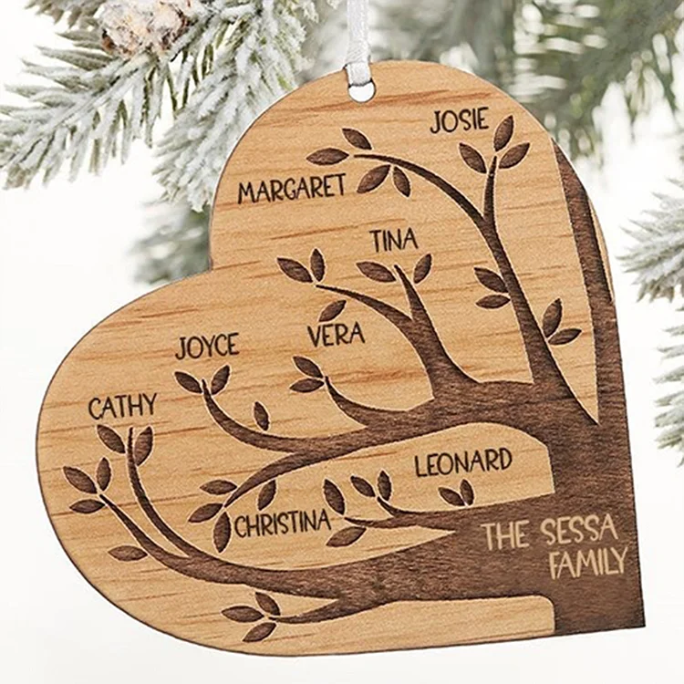 Heart Family Tree Ornament Personalized 10 Names Natural Wooden Ornament
