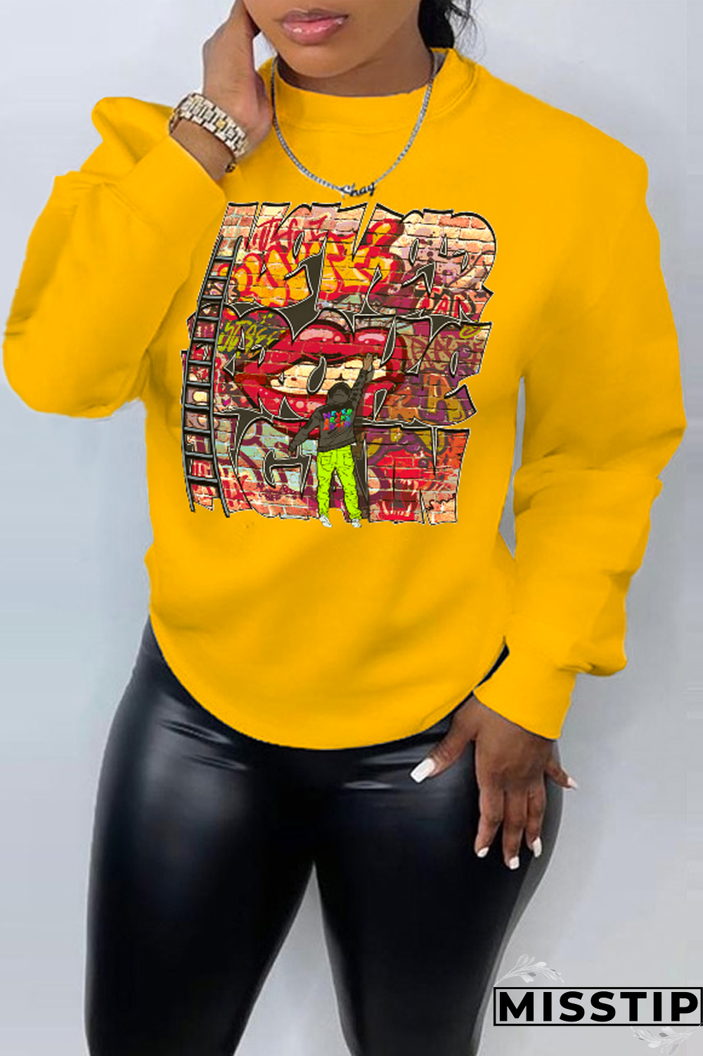 Blue Street Vintage Print Patchwork Letter O Neck Tops