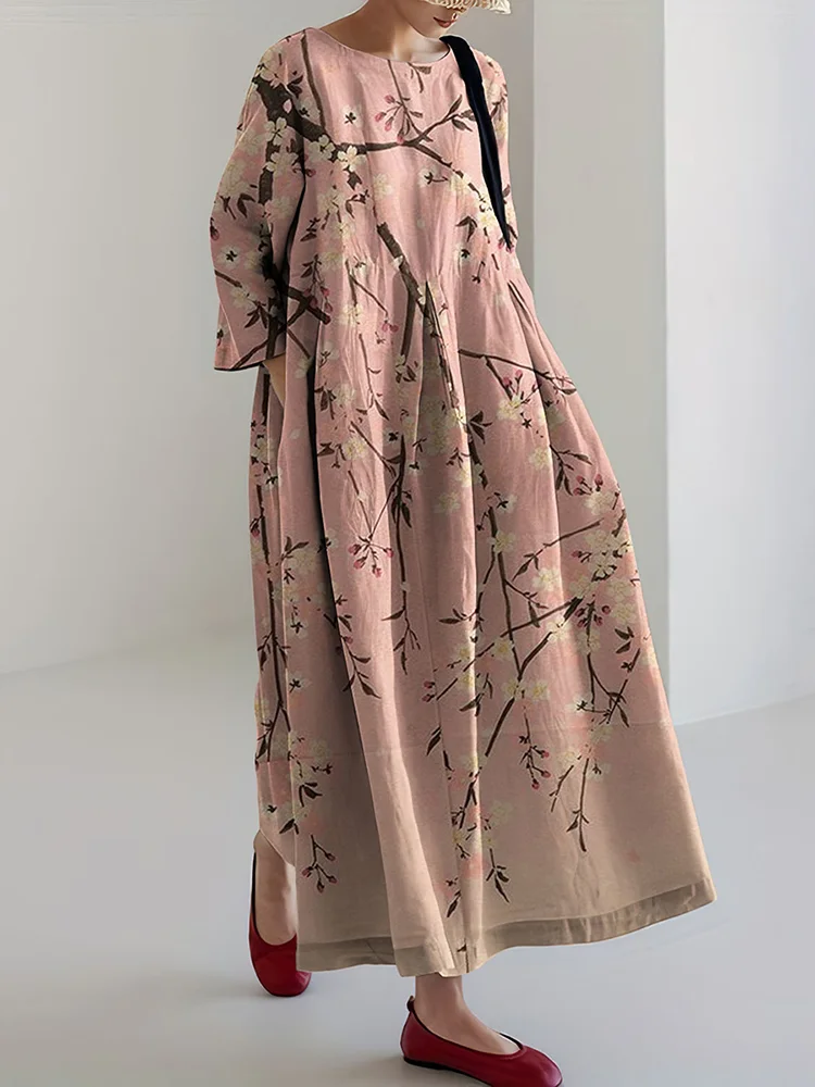 Japanese Plum Blossom Art Linen Blend Maxi Dress