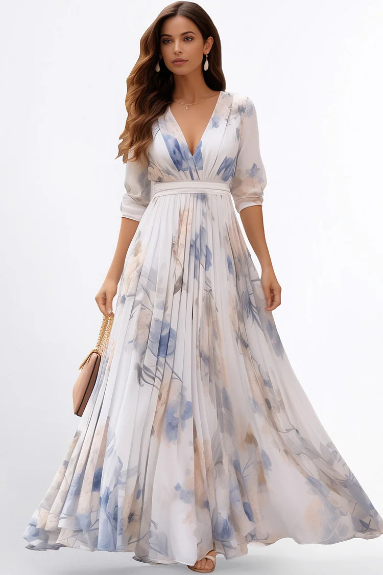 Zaruci Everyday Blue Chiffon Floral Print Pleated Long Sleeve Maxi Dress [Pre-Order]