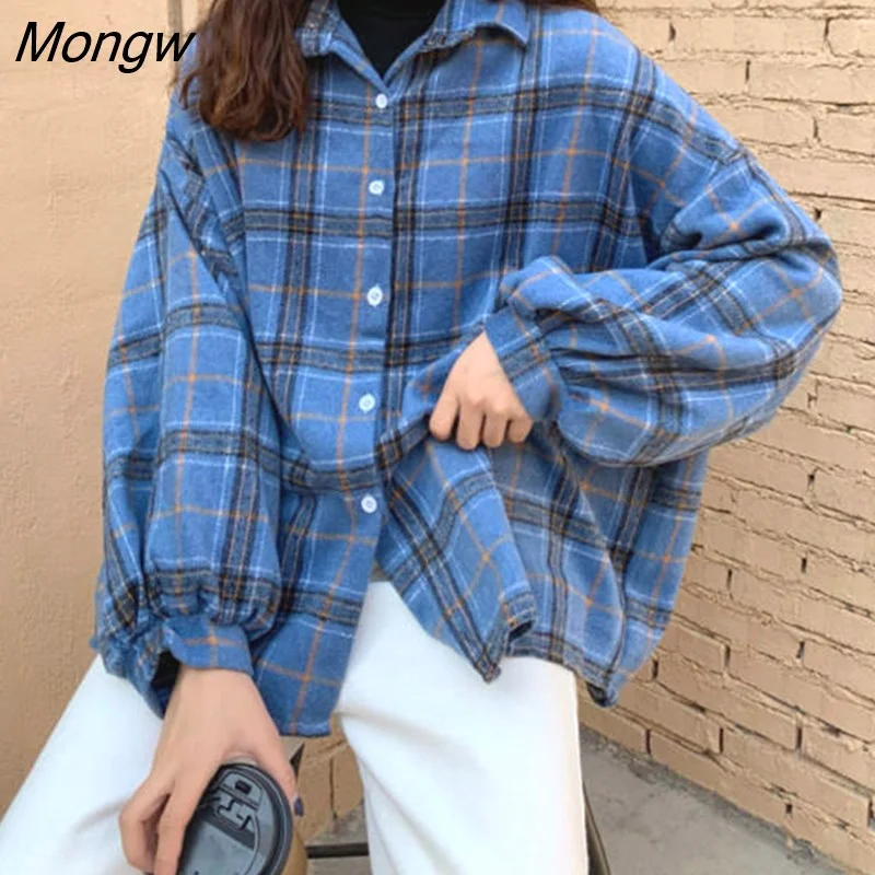 Mongw Women Blouses Turn-down Collar Spring Shirts Plaid All-match BF Batwing-sleeve Loose Outwear Harajuku Female 4 Colors Chic New