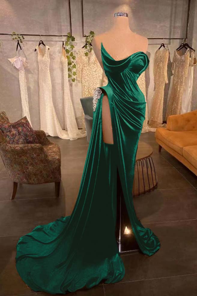 Oknass Strapless Sleeveless Long Prom Dress With High Split Pleated Beading