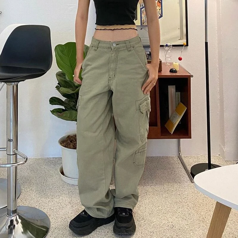 Jangj Grunge Green Cargo Pants Women Fairycore Baggy Pants Vintage Big Pockets Casual Trousers 90s Cyber Korean Denim Y2k Jeans Ladies