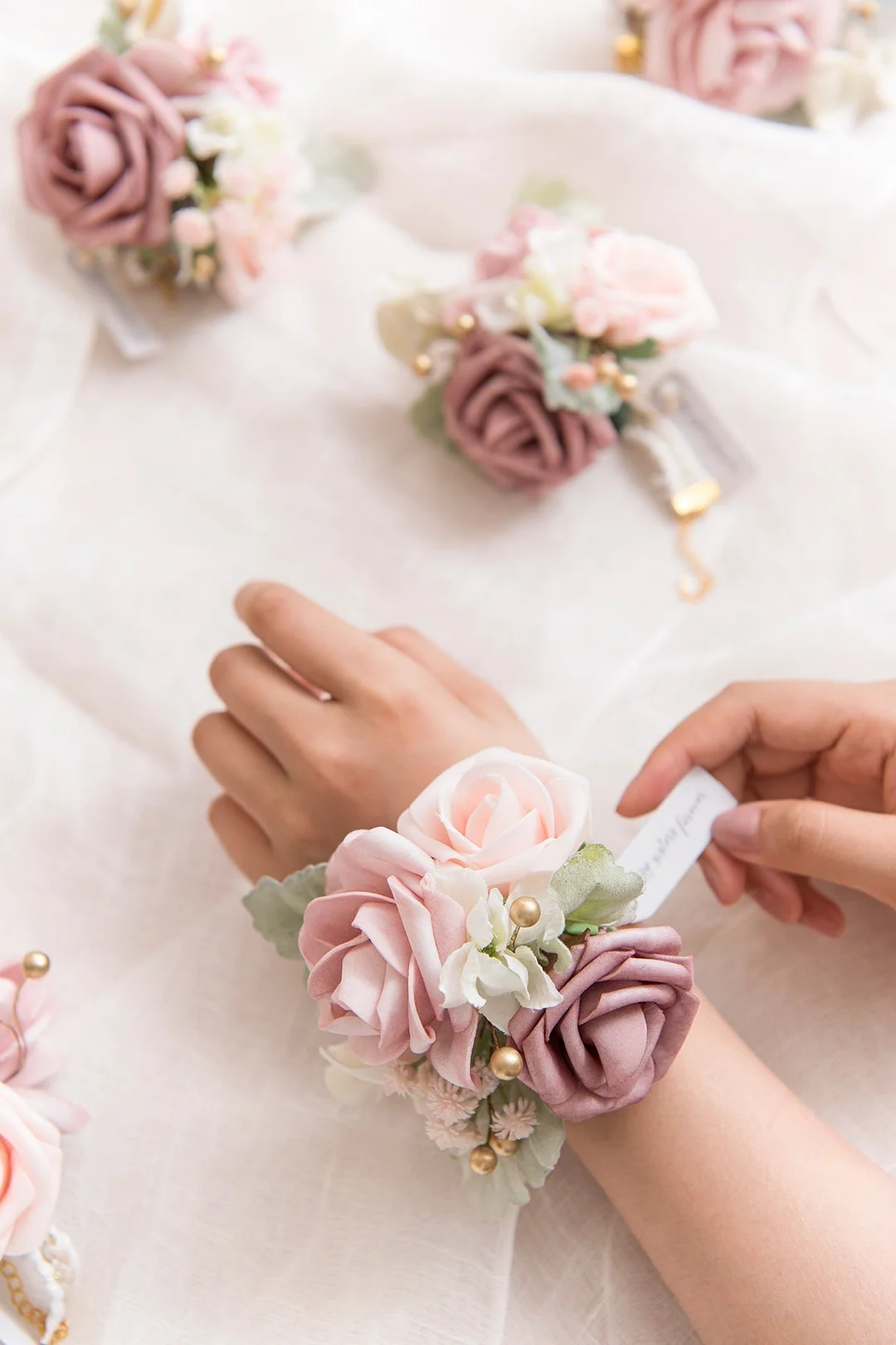Wrist Corsages in Dusty Rose & Cream