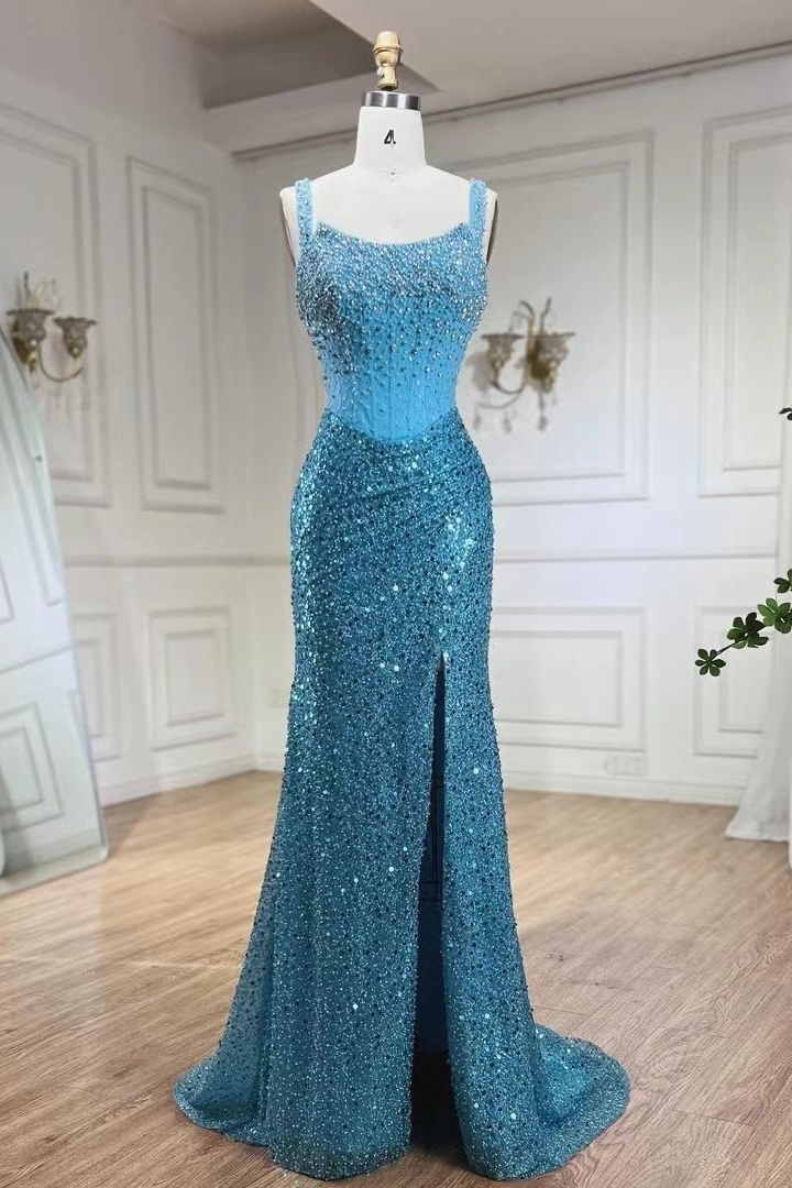 Bellasprom Square Sleevelesss Mermaid Prom Dress With Split Sequins Beads Pearls Bellasprom