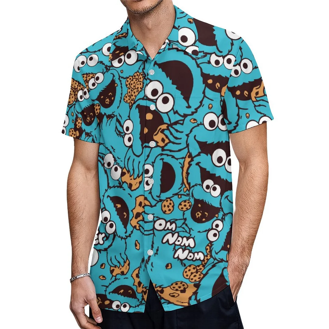 Funny Cookie Monster Nom Nom Nom Comic Hawaiian Shirt Mens Button Down Plus Size Tropical Hawaii Beach Shirts