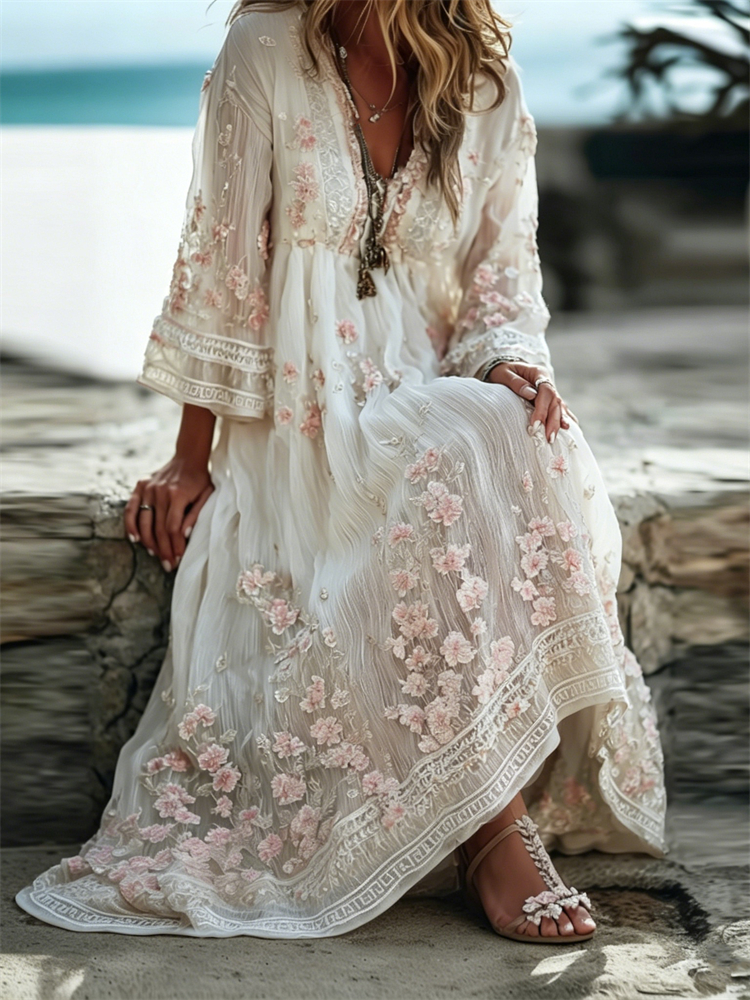 Boho Cherry Blossom Floral Flowy Linen Maxi Dress elevenforest
