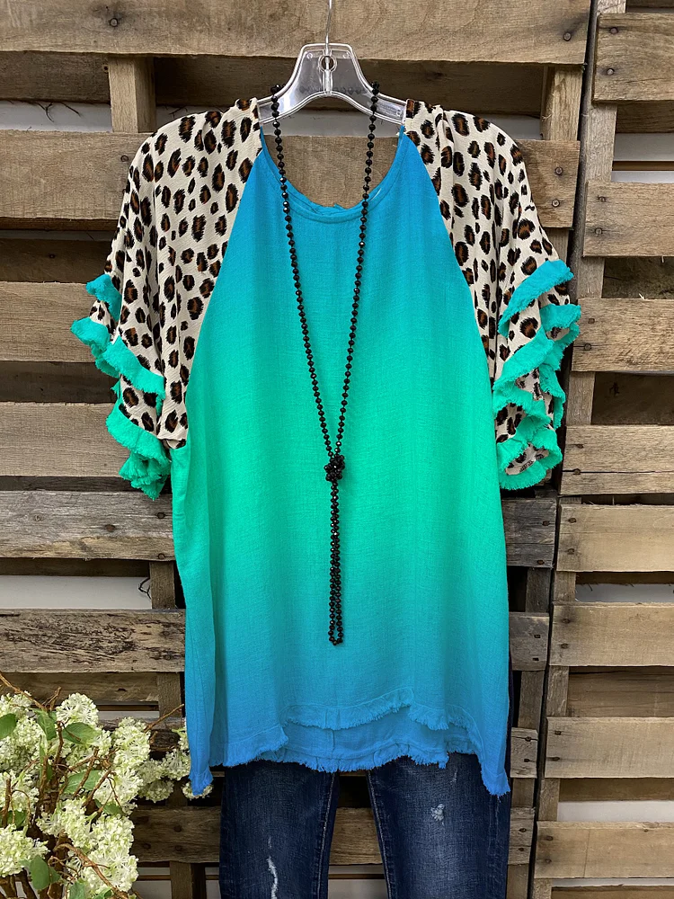 Casual leopard print short-sleeved gradient top-Mayoulove