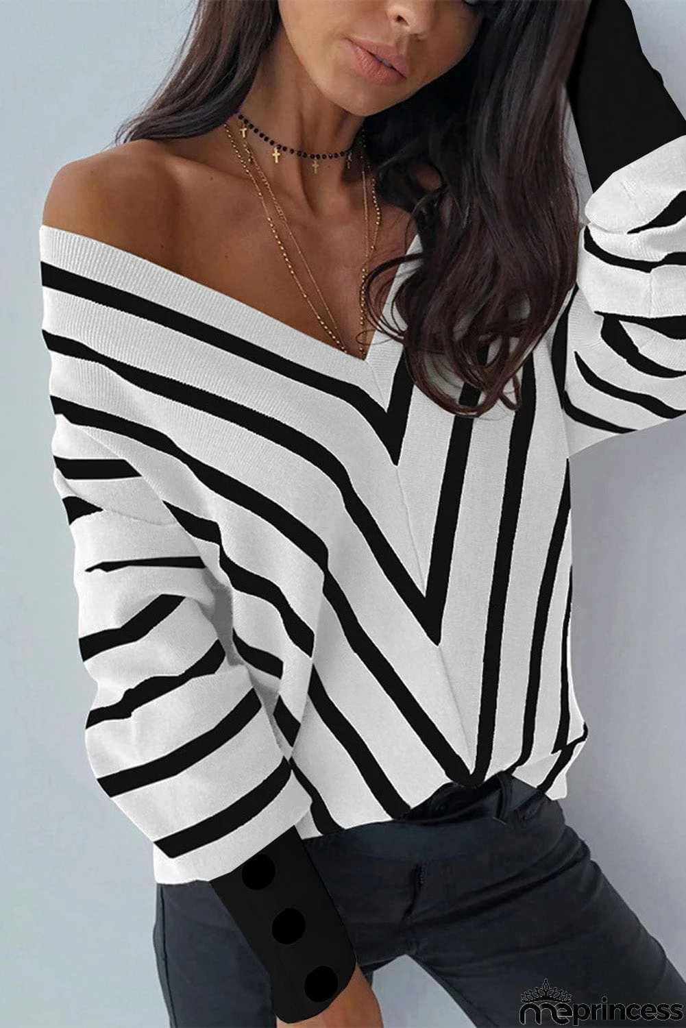 Khaki V Neck Popper Cuff Striped Casual Sweater