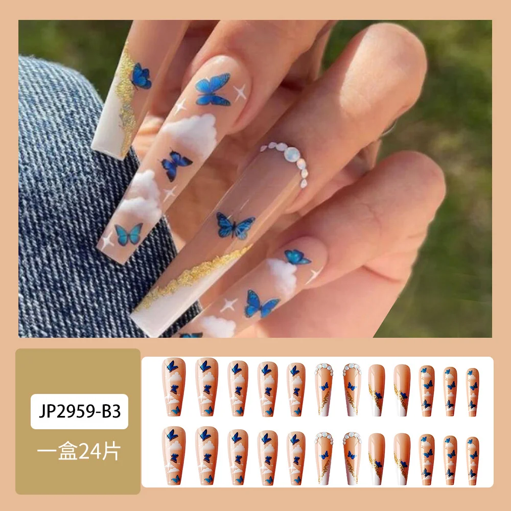 Applyw Butterfly Print Fake Nails with Glue Long Coffin Nail Art Tips Artifical False Nails with Rhinestones Press on Nails