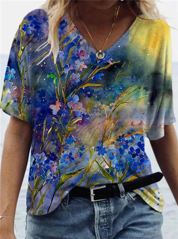 Blue Flowers Printed V-neck Women's T-shirt